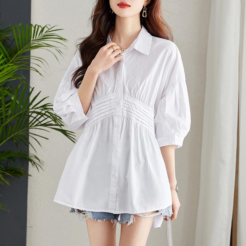 

Женская летняя дизайнерская шикарная блузка с разрезом на рукавах, миди, длинные лацканы, рукав-фонарик, топы для поездок на работу XS белый