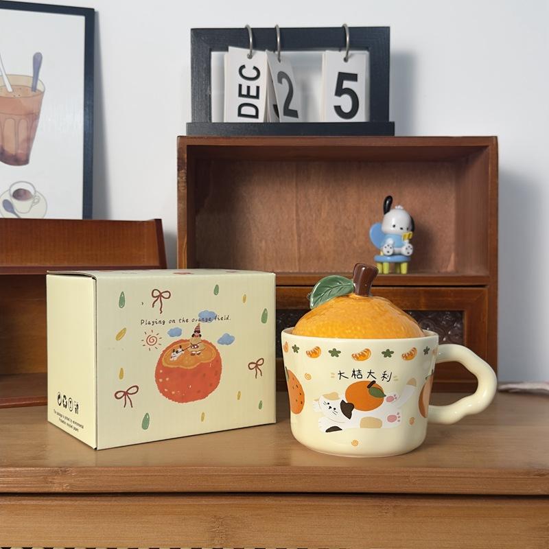 Daji Dali Orange Ceramic Cup with Lid Cute Cat Mug New Year Gift Coffee Cup Office Water Cup