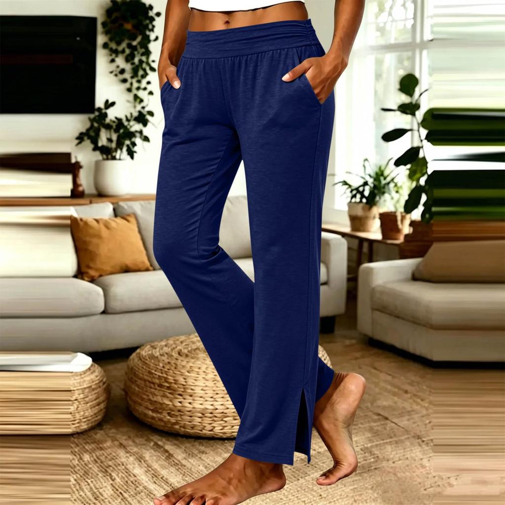 Women's Casual High Waist Straight Leg Pants with Pockets and Side Slit Hem
