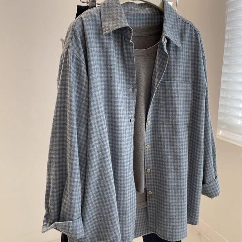 Women's Light Blue Plaid Oversized Shirt Collared Long-Sleeve Casual Blouse