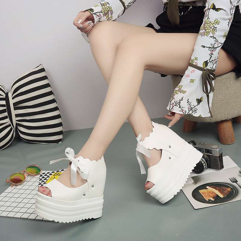 2025 Summer Bow Korean Version of the New Super High Heel Wedge Thick Sole Inner Height Increase and Thin Hollow Fish Mouth Sandals Women