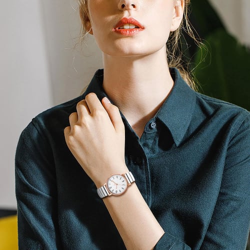 Women's Seiko Replica Watch with Elastic Strap: Stainless Steel, Waterproof, Stylish, Easy-to-Read Dial, Precision Quartz Movement, White, Ideal for B