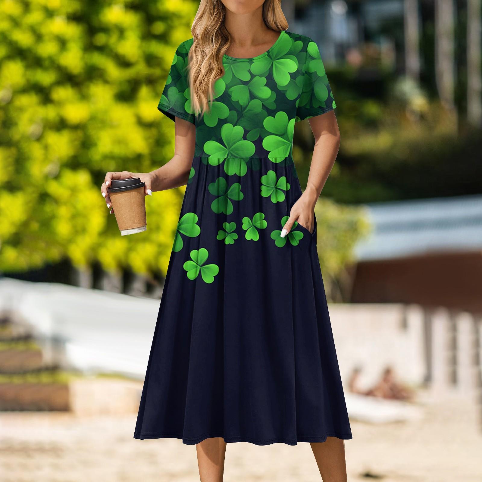 

Женская повседневная одежда St. Платье миди с принтом Патрика, плиссированное, с круглым вырезом, базовое классическое повседневное платье свободного кроя с коротким рукавом XXL зелёный