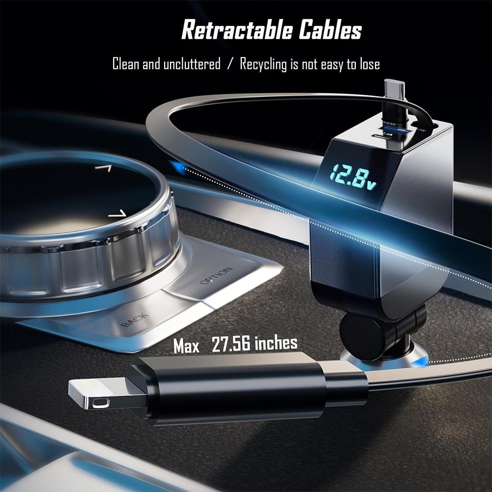 PD 30W Retractable Cable 4-in-1 4-Port Car Charger Devices Simultaneously Adjustable Charge 4 Angle Fast 180° X5Y2