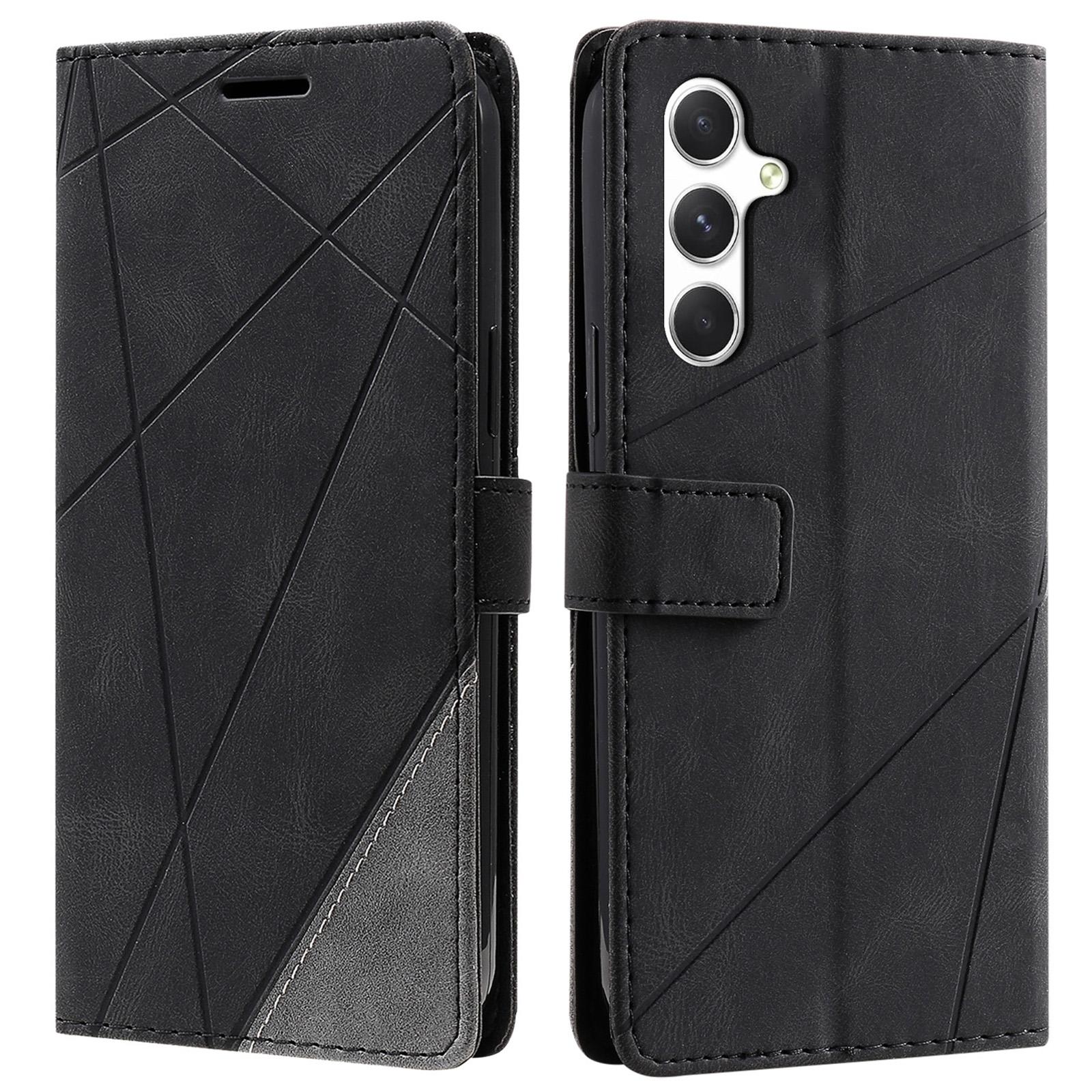 

For Samsung Galaxy S25+ Case Imprinted Lines PU Leather Splicing Wallet Phone Cover Black