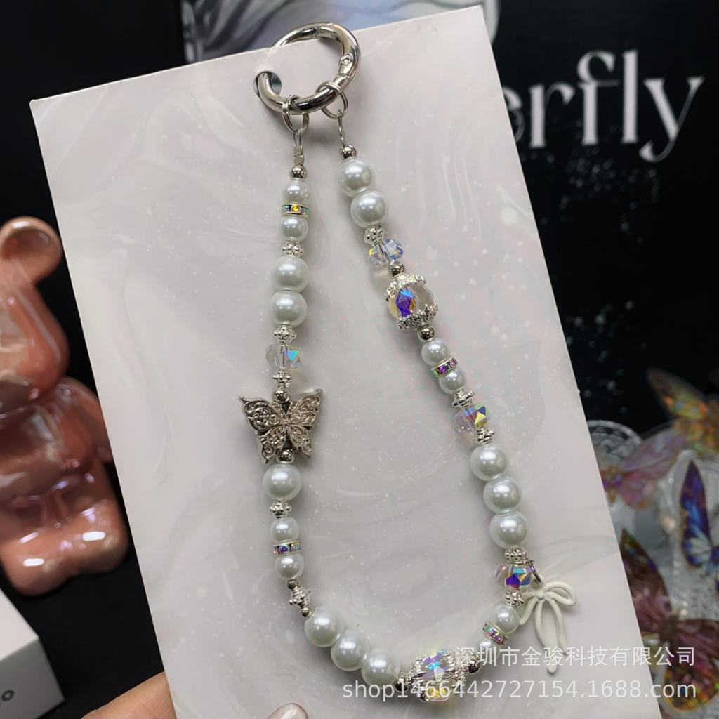 Ins Style Alloy Butterfly Phone Chain Rope Handmade Beaded Hanging Chain Pearl Keychain Bag Hanging Rope Pendant Rope Accessories