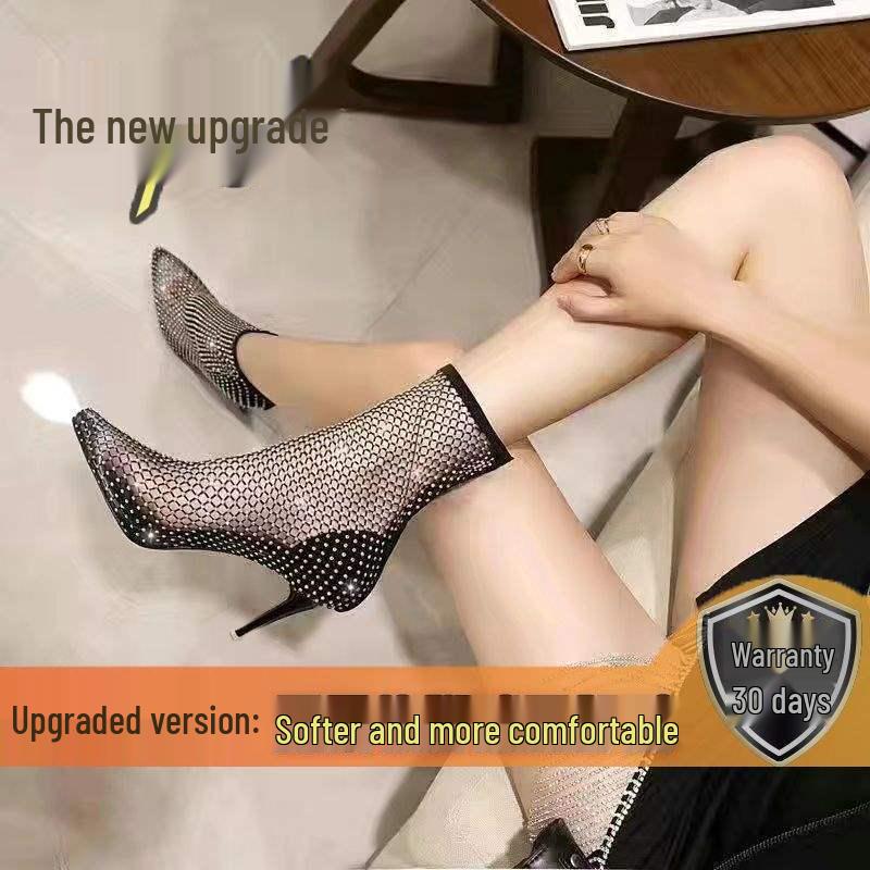 Cizme Stiletto Peste Genunchi din Plasă cu Strasuri pentru Celebrități pe Internet, Pantofi de Modă pentru Femei