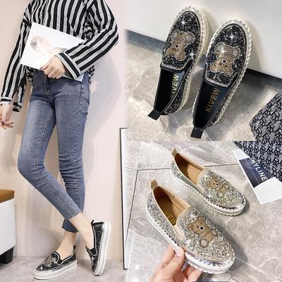 Pantofi de damă la modă, noi, cu vârf rotund, cu diamante strălucitoare, ursuleț de pluș, cu talpă groasă, pantofi casual pentru femei, pantofi simpli pentru femei, pantofi Le Fu