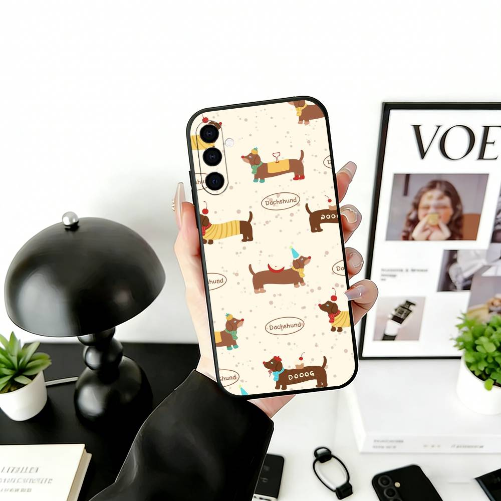 Cute Dachshund Cartoon Phone Case For Samsung Galaxy A73,A72,A71,A70,A53,A52,A51,Others Soft Black Cover