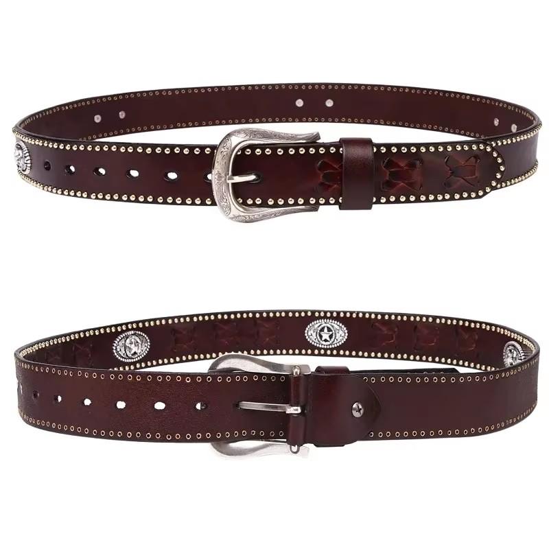 3.8CM Metal Rivet Belt Luxury Designers Men Punk Cowskin Genuine Leather Belt Male Rock Hip Hop Strap Waist