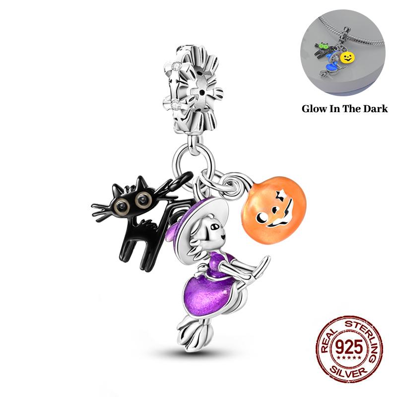 New Halloween 100% Copper Luminous Pumpkin Skull Ghost Charms Fit Pandach Original Bracelet Diy Party Jewelry