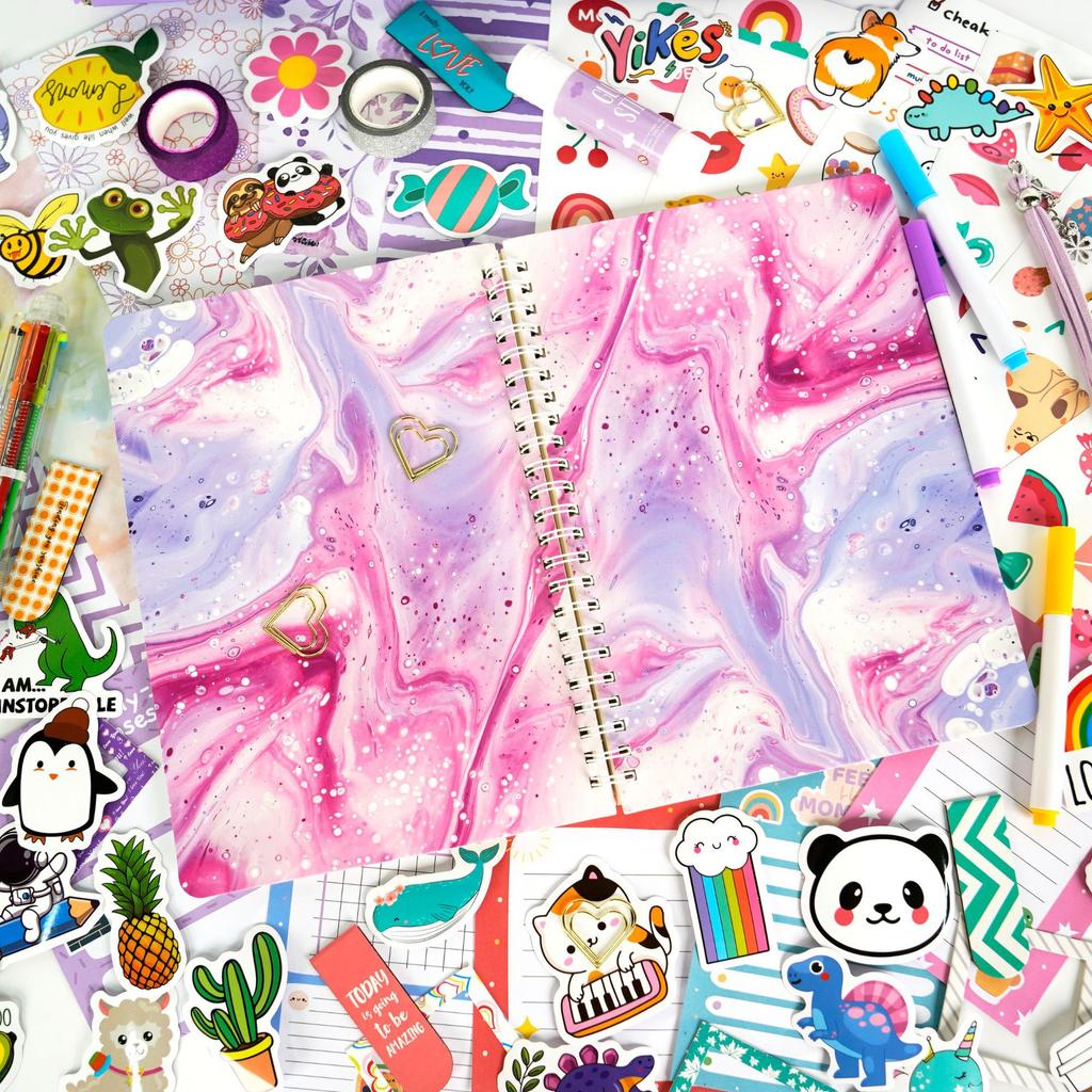 DIY Journal Set für Mädchen Kinder Schreibwaren Geschenkbox Lila Tagebuch Notizbuch Set mit Stickern Washi Tape Kreatives Basteln Geschenk