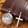 2pcs/set,1PC Fashion Men's Silvery Quartz Pocket Watch & 1PC Vintage Classic Silvery Cross Necklace,ideal Choice for Gifts