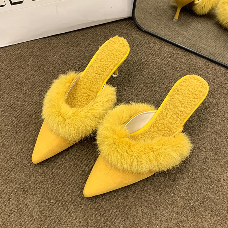 Fur Women High Heels Slippers Pointed Toe Slingback Mules Shoes Sexy Pumps 2025 Winter Designer Luxury Botines Mujeres