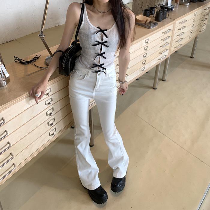 

2026 New High Waist Slimming Petite Flare Jeans - White Micro Flare Pants for Women, Korean Style, Spring & Autumn M