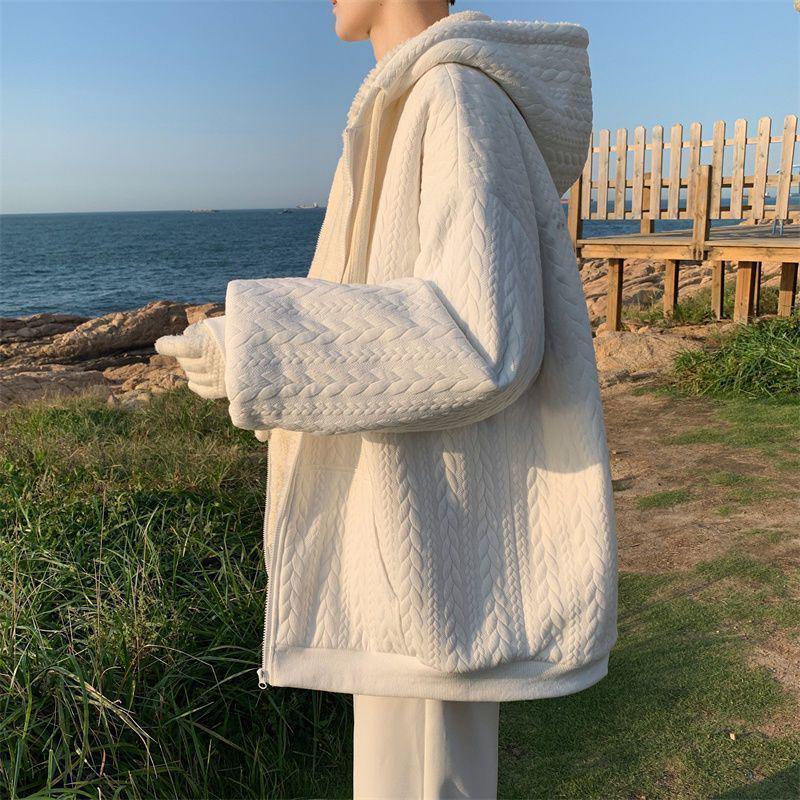 Men's Trendy Lambswool Jacquard Winter Coat - Warm Hooded Plush Cotton Jacket for Teens