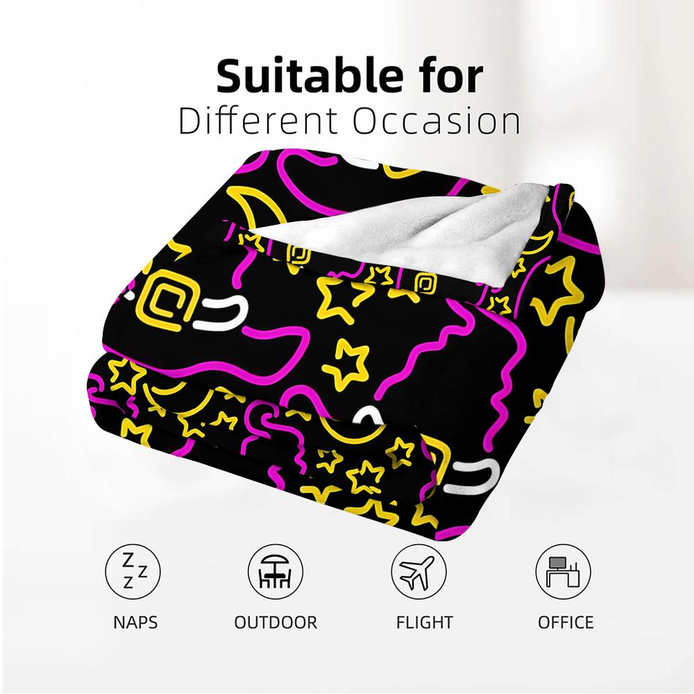 Neon Witch Hat Star Moon Cartoon Anime Print Flannel Blanket Soft Warm Throw for Kids Bedroom Sofa Christmas Office Car