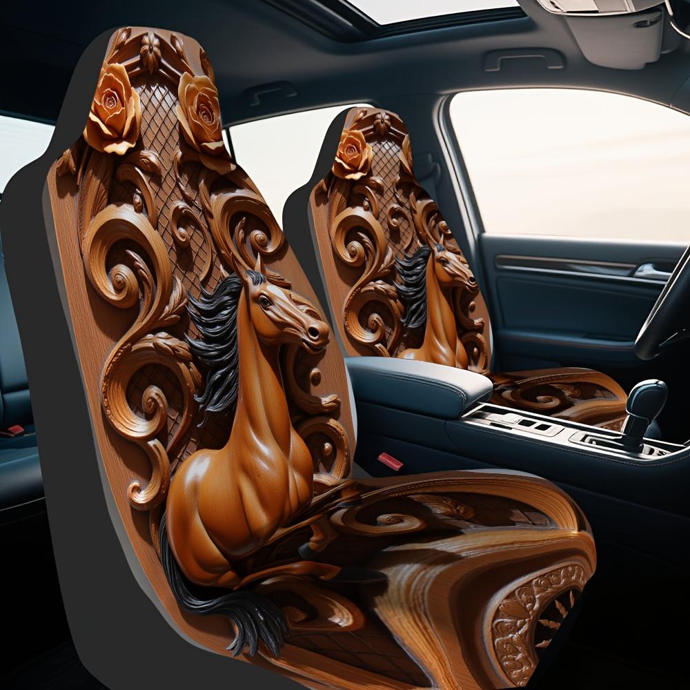 2pcs Elegant Horse Car Seat Covers - Luxury Floral Design With Brown & Golden Accents, Fit All-Season Use, Easy Install & Washab