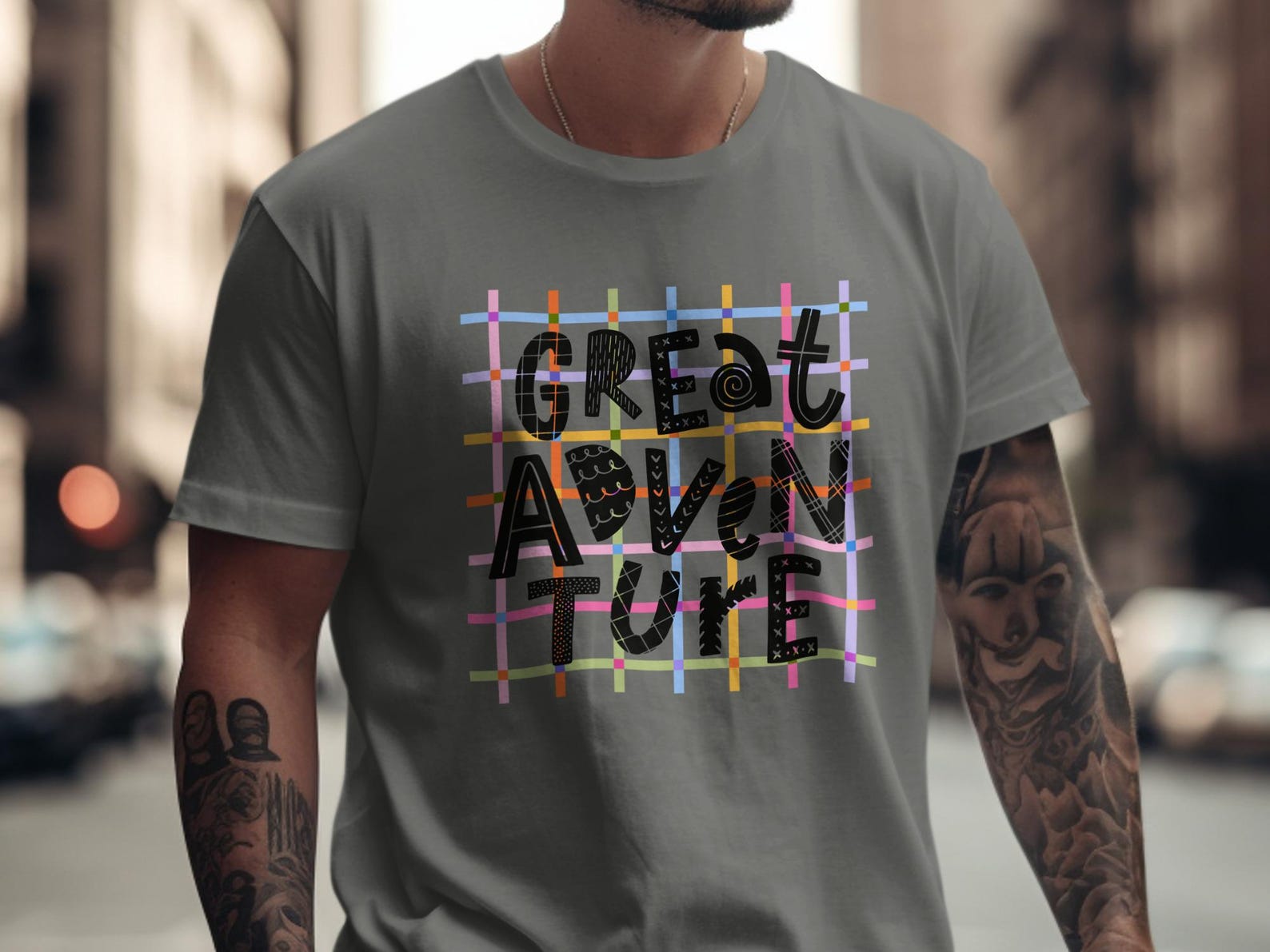 Adventure T-Shirt, Colorful Grid Doodle Lettering Top, Wanderlust Travel Tee XL