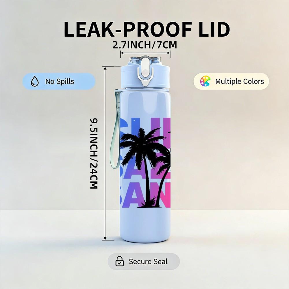 1PC Sun Sand Palm Tree Text Graphic 750ml Color Plastic Sports Water Bottle Leakproof Flip Straw Lid Suitable for Sports Office Home Use