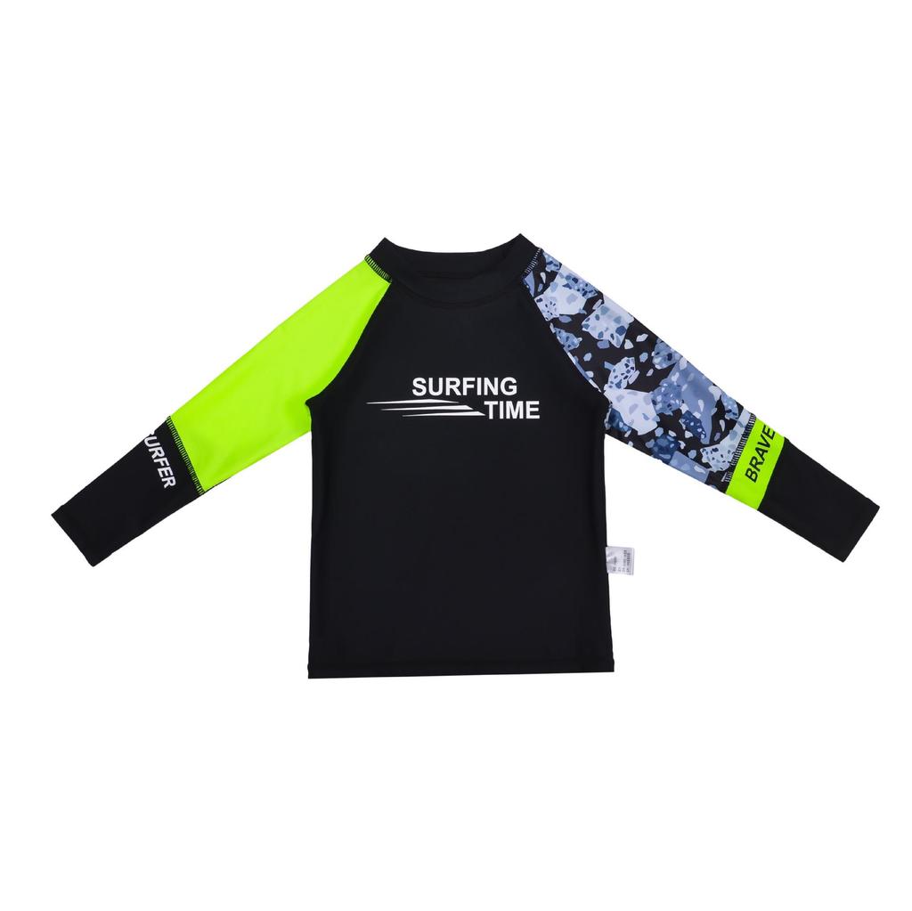 Boys' Long-Sleeve Quick-Dry Sunscreen Swimsuit with Fluorescent Shorts