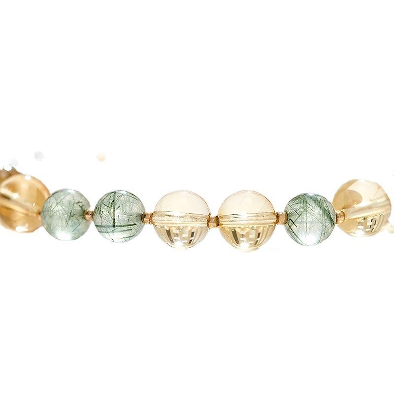 Natural yellow crystal bracelet for women with crystal beads14K Gold-plated green rutilated quartz and strawberry quartz bracelet for women, career