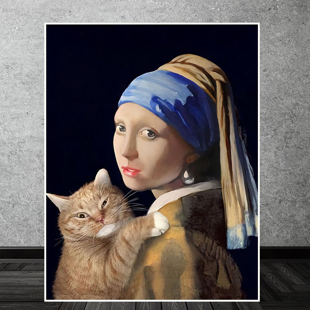 

Девушка в серьгах держит кошку, постер и принты, абстрактные картины на холсте с животными, настенные картины для гостиной, украшения дома, подарки 50x70cm