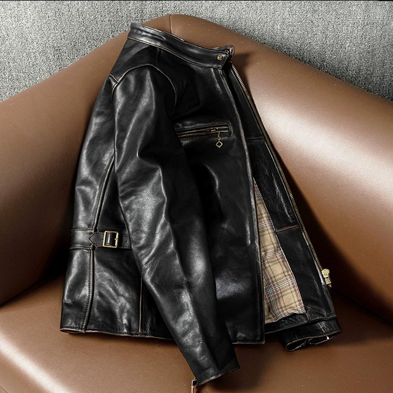 New Top Layer Tea Core Horse Leather Work-edged Short Slim Men's Genuine Leather Jacket