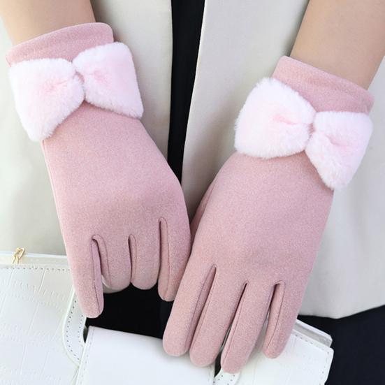 1 Pair Bowknot Decor Thickened Solid Color Women Gloves Autumn Winter Double-sided Fleece Touch Screen Driving Gloves
