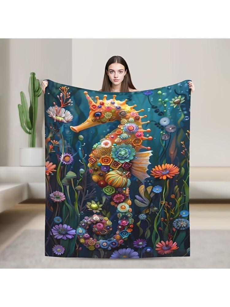 Floral Seahorse Digital Print Flannel Blanket, Shawl Blanket, Soft, Warm, Lightweight,Machine Washable, All Season,Multi-purpose