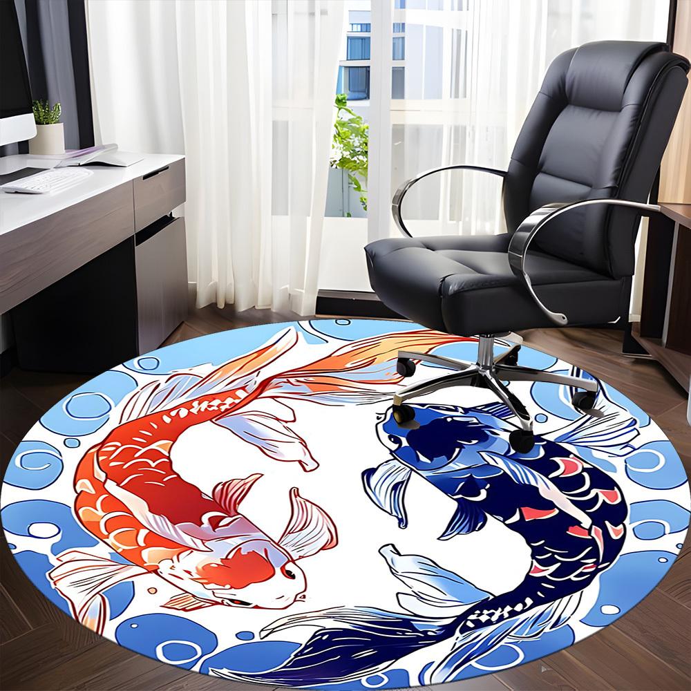 1PC Koi Fish Yin Yang Office Round Rug, Non Slip, Soft and Durable Office Rug for Interior Decoration, Perfect for Office