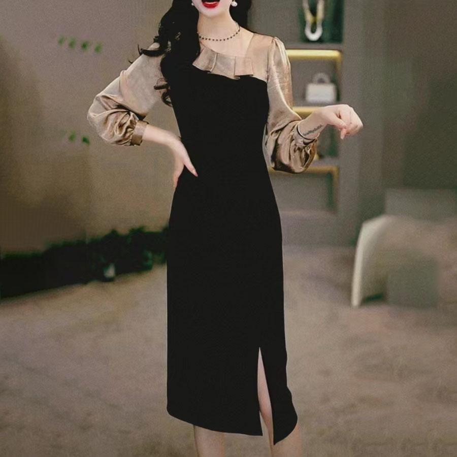 Patchwork Design Sense Dress Women's Spring Autumn High-End Temperament Split Waist-Cinching Black Skirt