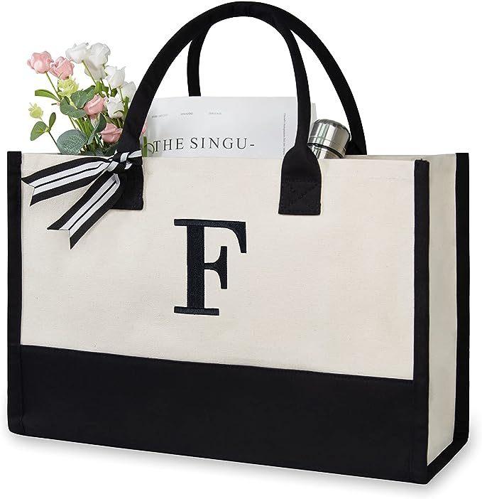 A-Z Letter Canvas Tote Bag Women Large Capacity Shoulder Handbag Contrast Color Thick Fabric Reusable Shopping Bag