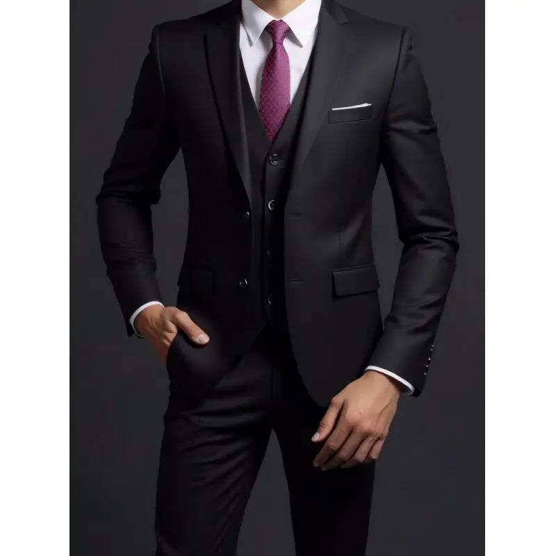 Men's Suit (Blazer+ Trousers) Gentleman Business British Style Solid-color Banquet Host Casual Wedding Suit