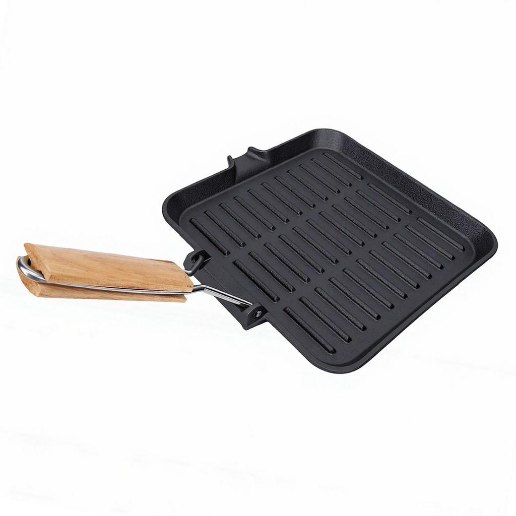 Grill Pan with Groove Foldable Handle Square Safe Enamel Coating Cast Iron Grill Pan for Steak Vegetables