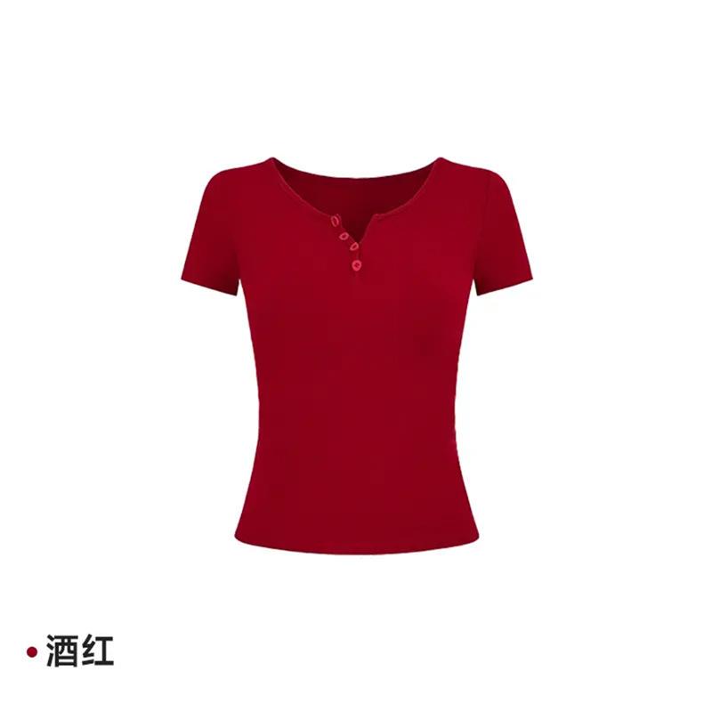 Pure desire dopamine sister feeling semi-open neck short sleeves summer waist thin red top Spice girls wear temperament T-shirt