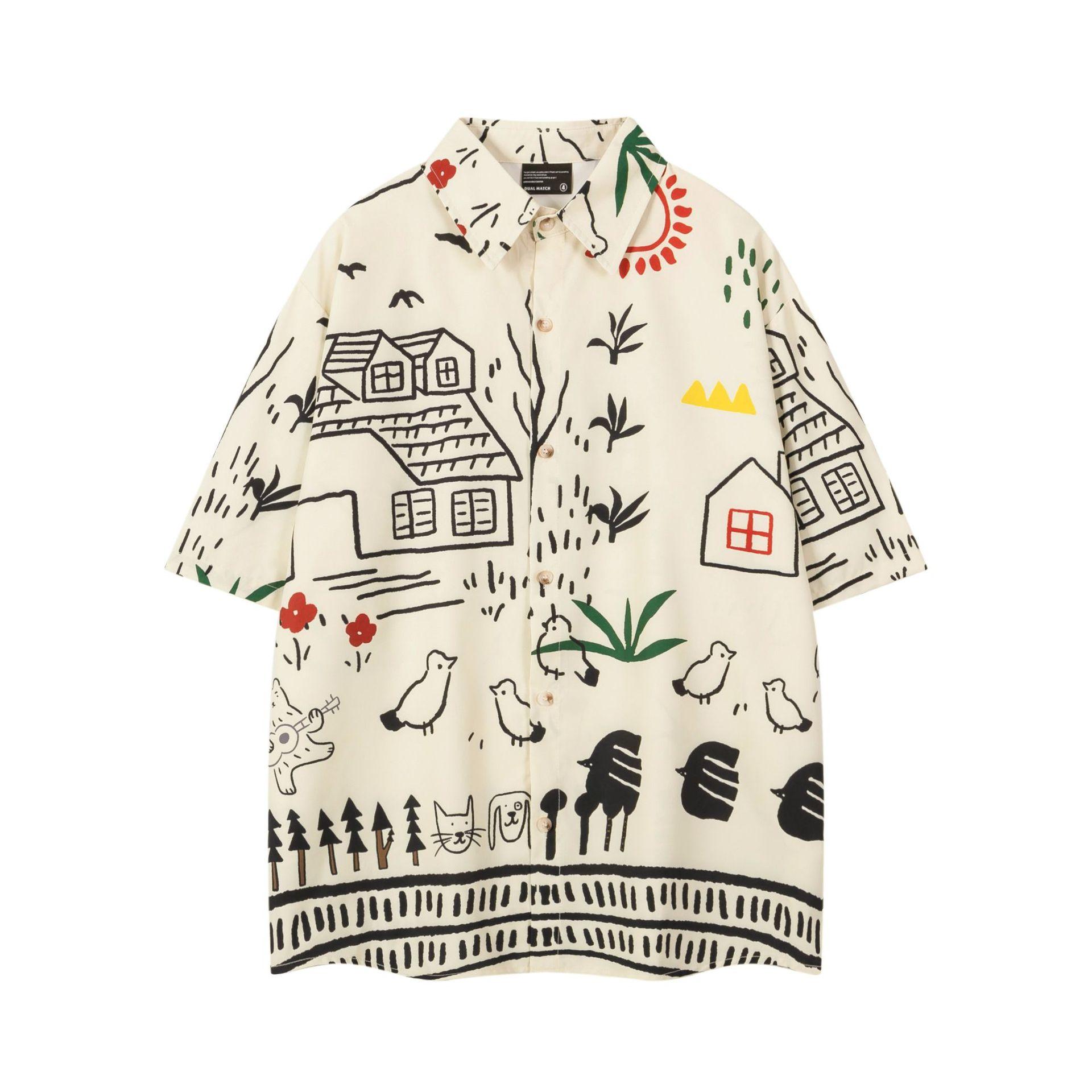 Men s Summer American Vintage ins Trend Graffiti Print Hawaiian Vacation Shirt Men M абрикосовый