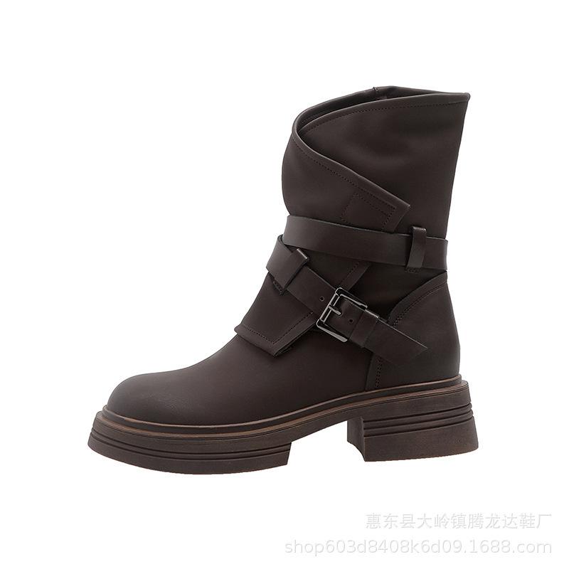 Leather side zipper platform Martin boots autumn and winter new retro thick heel western cowboy boots brown women's short boots