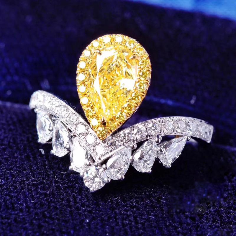 Luxury Water Drop Pear Shape Ascher Yellow Diamond Ring, Pt950 Platinum Plated Wedding Ring