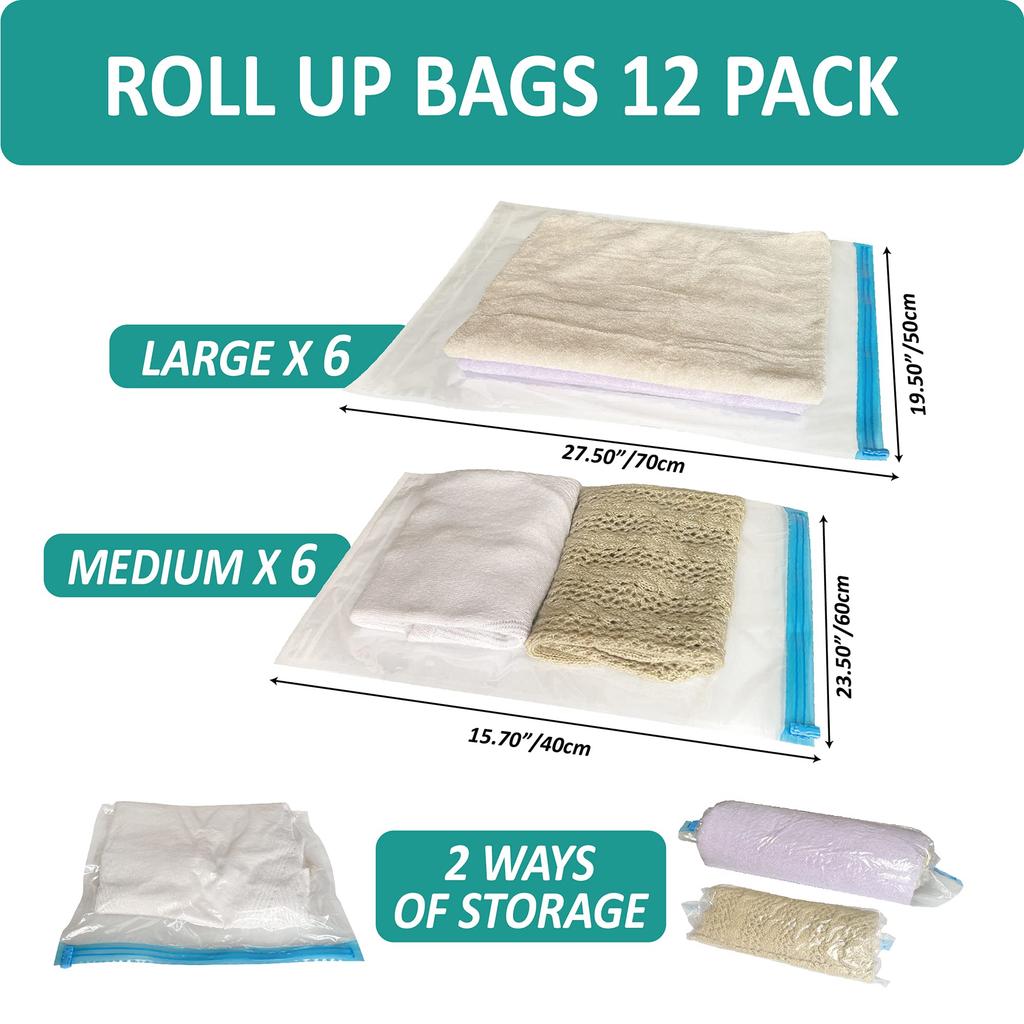 10 Pack Compression Bags Travel Essentials Space Saver Bags Hand Roll-Up Airtight Vacuum Storage Bags Clothes Organizers