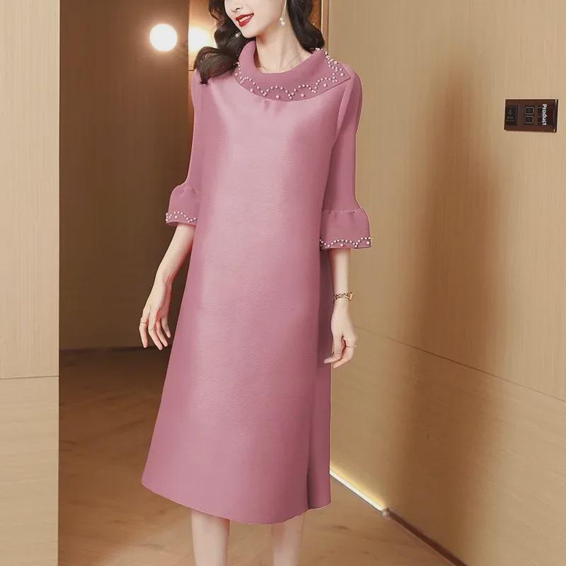 

New Spring High-End Beaded Pleated Plus Size Dress - European & American Fashion One Size рожевий