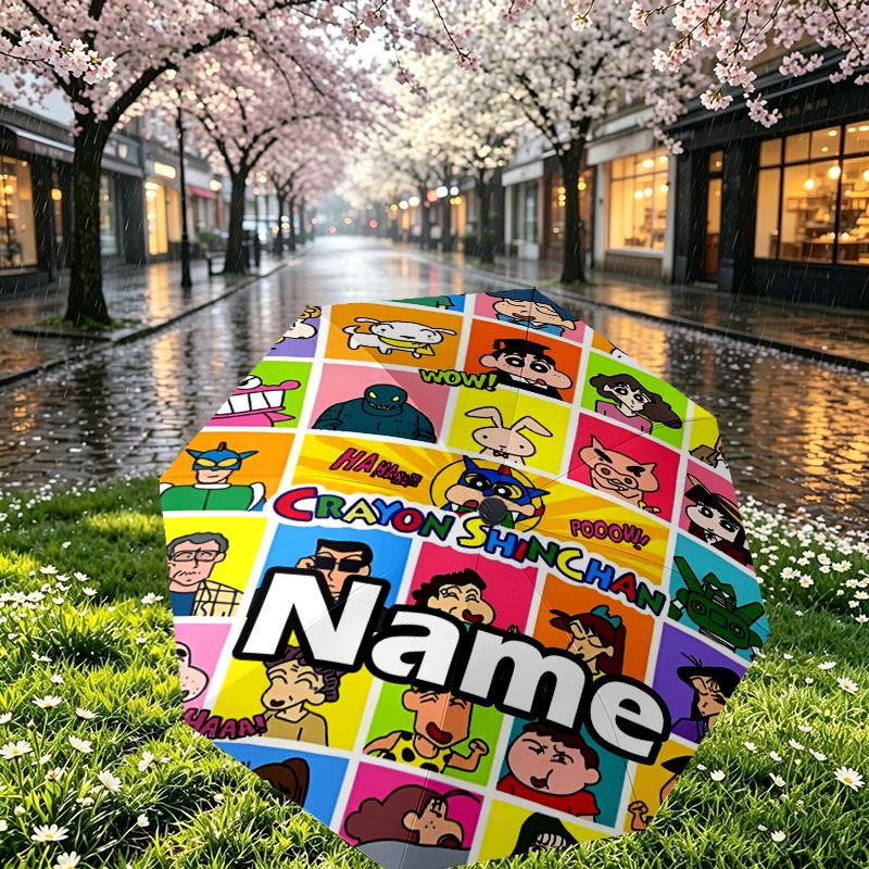 Custom Name Personalized Crayon Shin Print Umbrella, Auto Open Close, 8‑Rib Sturdy Frame, Commute Camping Hiking Use, Birthday Gift