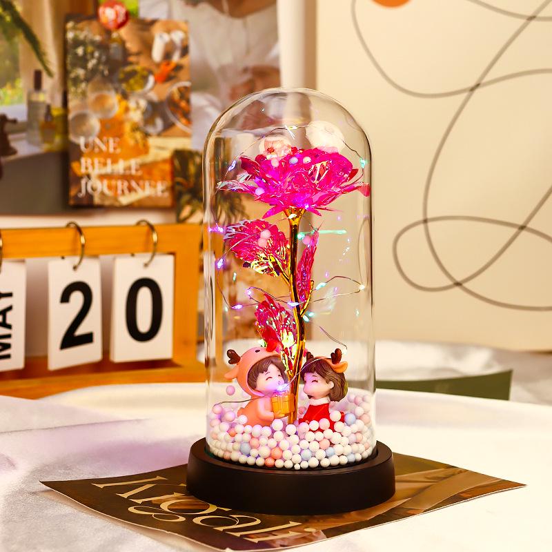 Rose Flower Preserved in Glass Dome with Night Light - Mother's Day or Birthday Gift Ornament