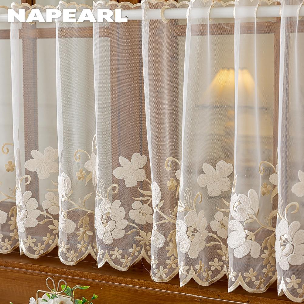1PC NAPEARL French Countryside Embroidery Short Sheer Curtain, Translucent Wavy Bottom Cabinet Window Partition Gauze Curtain Home Decor