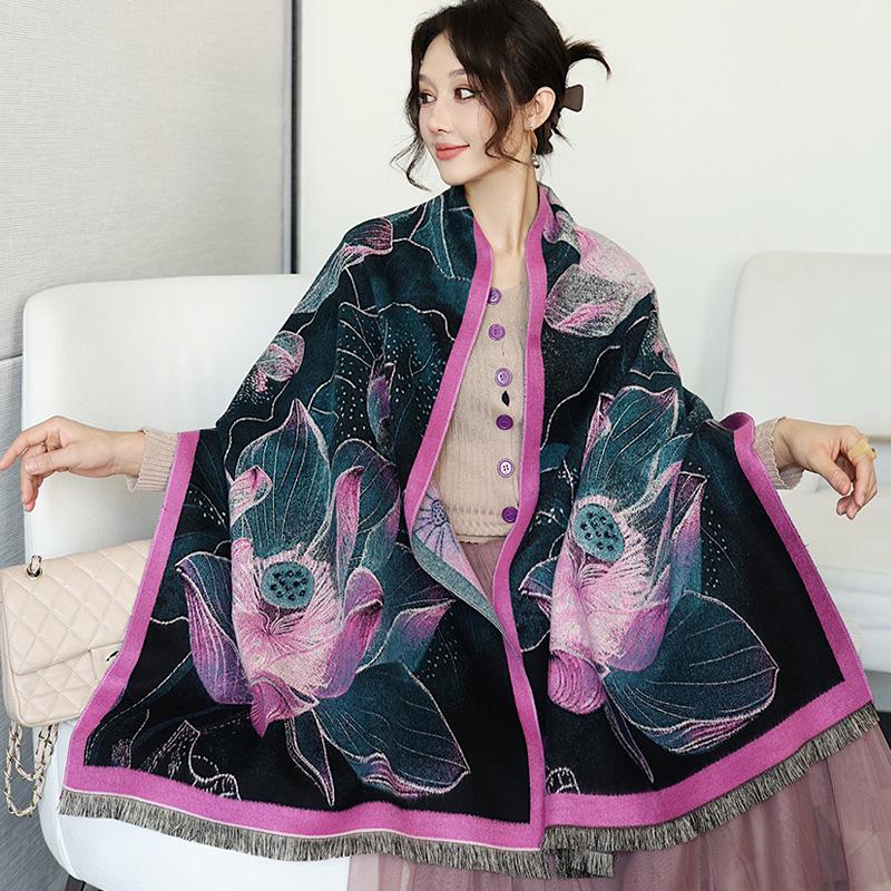 Peony Jacquard Chinese-Style Double-Sided Shawl Scarf – Warm & Versatile for Women In Autumn and Winter.