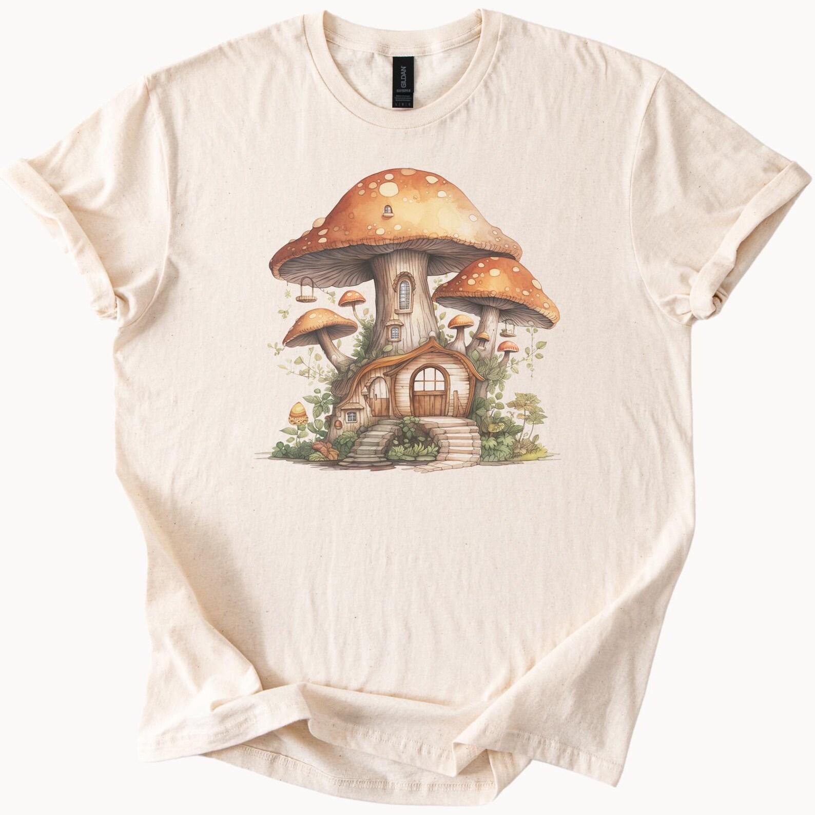 Mushroom House Graphic Tee Whimsical Fairy Cottagecore T Shirt Nature Forest Fantasy Art Shirt Cute Fungi Illustration Top 150