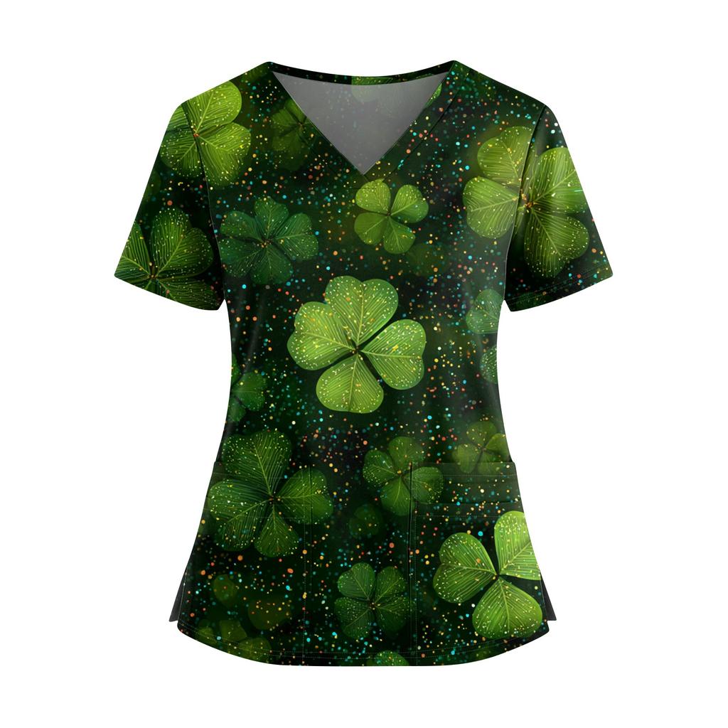 Frauen St. St. Patrick's Day Druck V-Ausschnitt Doppeltasche Kurzarm Uniform Oberteil mit geschlitztem Saum