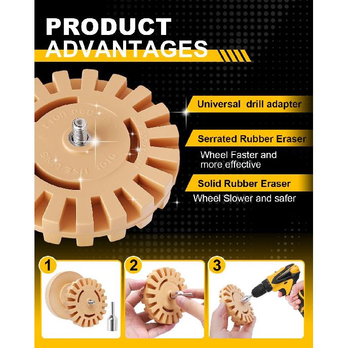 Eraser Wheel for Drill, Sticker Remover Tool for Automotive Car Sticker, Vinyl, Rv, with Plastic Scraper, Scraper Tool, Serrated&Solid Eraser Wheel -