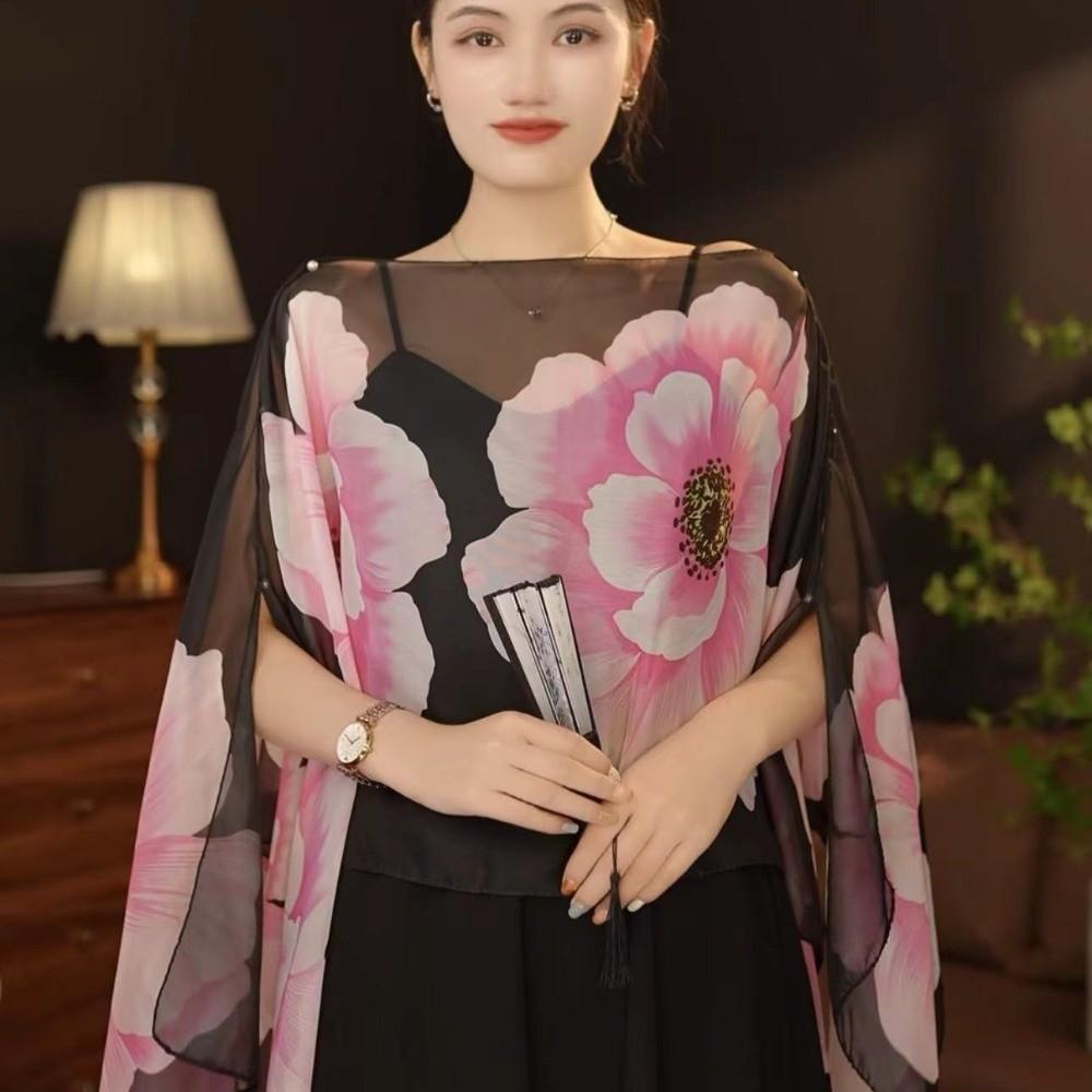 Long Length Sun Protection Shawl Flower Pattern Chiffon Scarf Breathable Shawl  Outdoor Activities