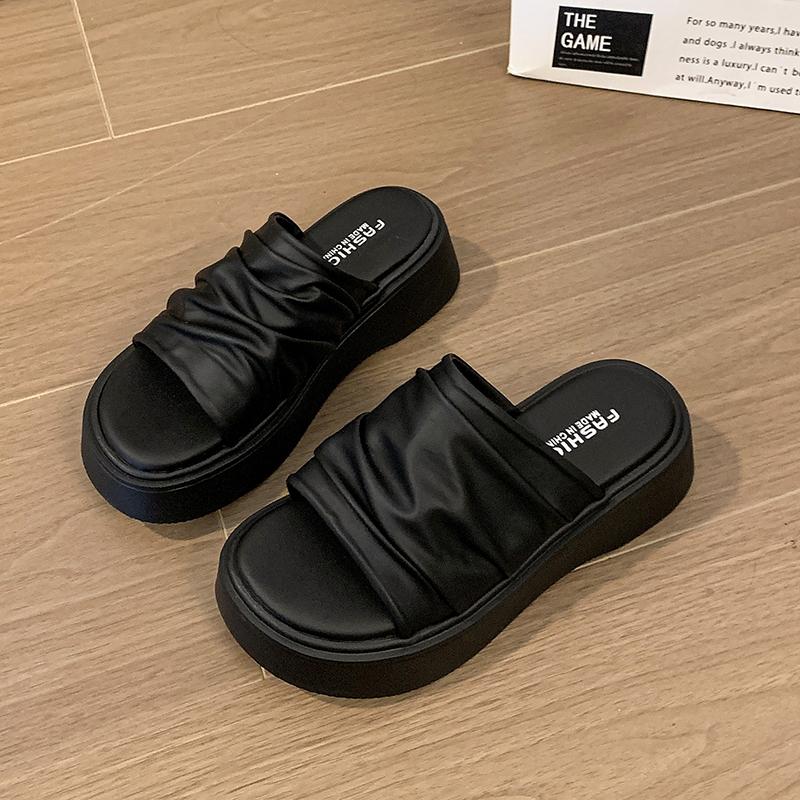 Fashion 2025 New Thick-Soled Height-Increasing Wrinkled Leather One-Line Flip-Flops for Women Soft Leather Bottom Cool Slippers